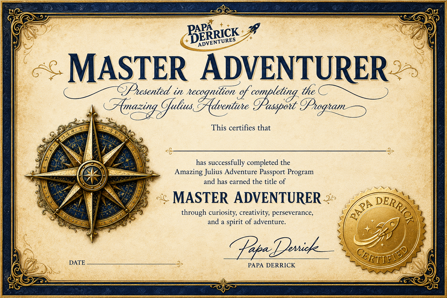 Master Adventurer Certificate — Presented in recognition of completing the Amazing Julius Adventure Passport Program