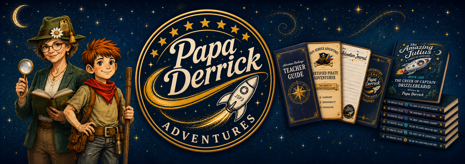 Papa Derrick Adventures — illustrated hero banner with characters, logo, books, and teacher resources